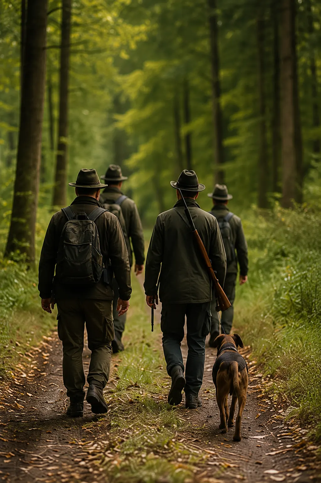 Jagdgesellschaft im warmen Abendlicht